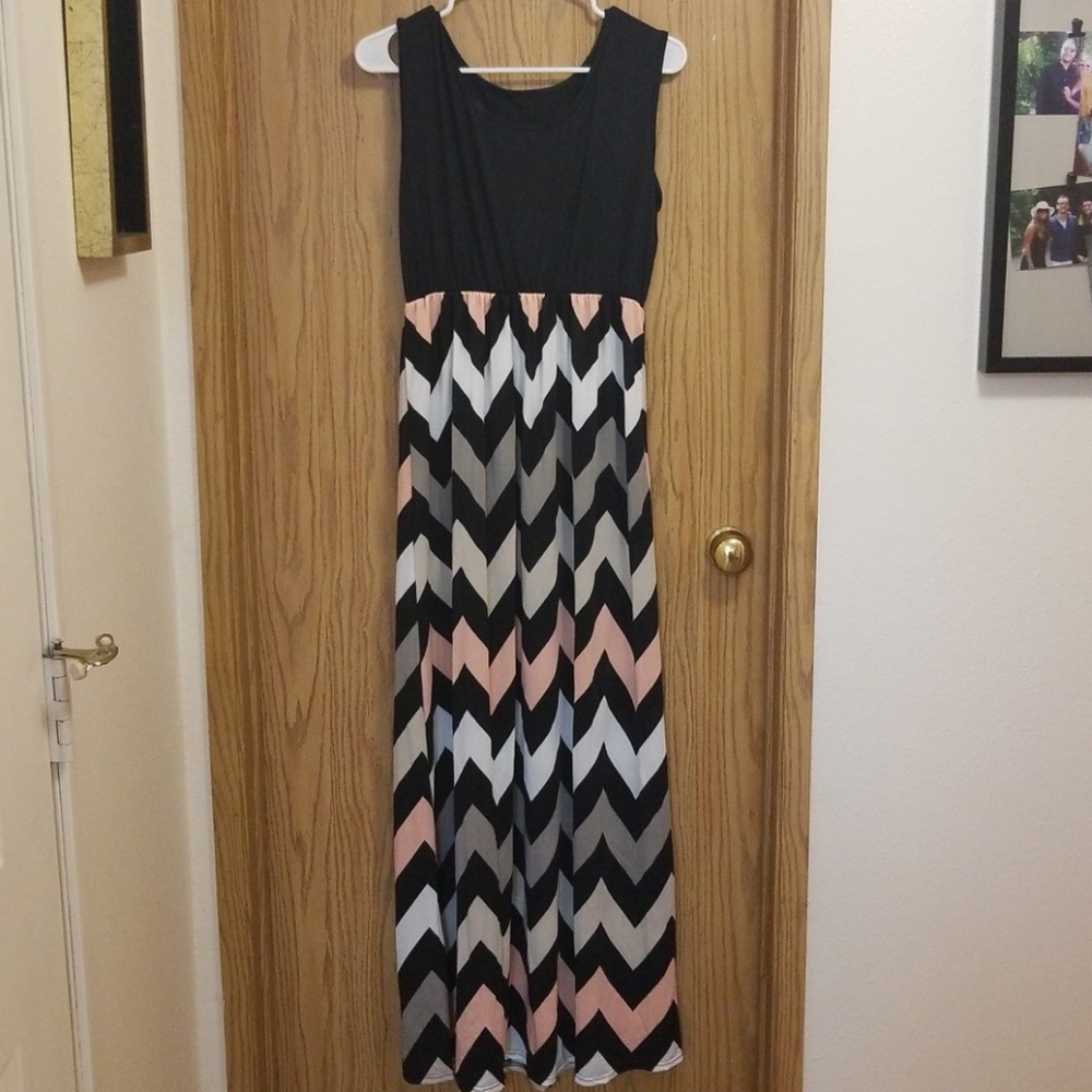 Long black and pink chevron maxi dress